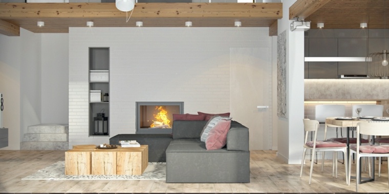 salon design loft moderne canapé gris coussins idée tapis sol table basse bois