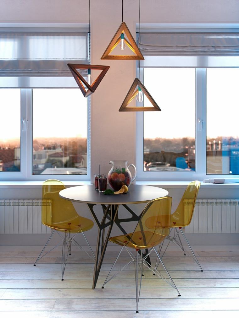 décoration petit appartement idée table ronde luminaire suspension bois chaise jaune