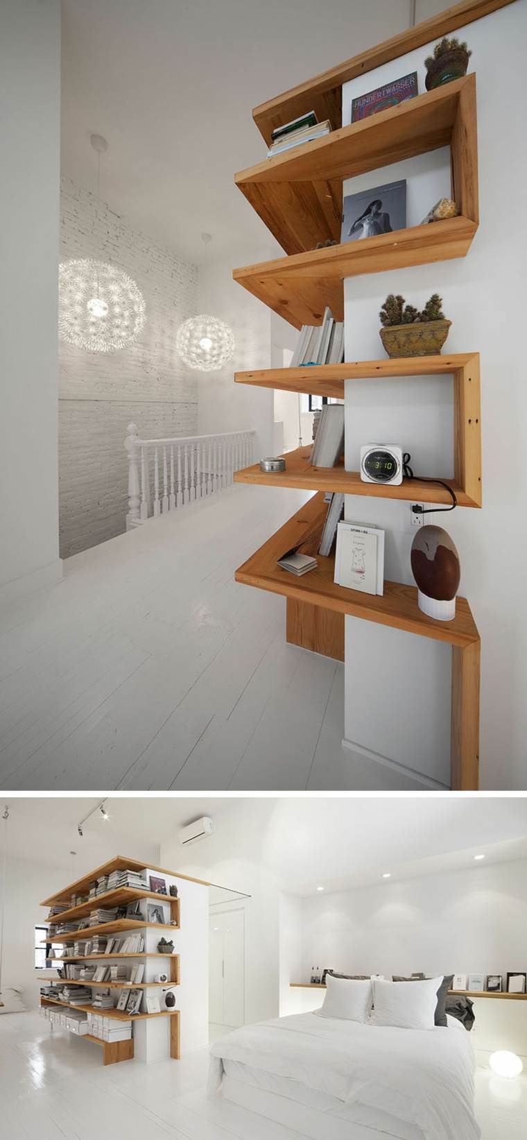 étagère bois idée design luminaire suspension moderne lit chambre