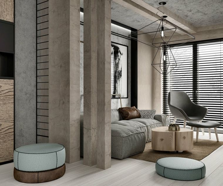 appartement moderne style industriel design d'intérieur canapé gris coussins poufs