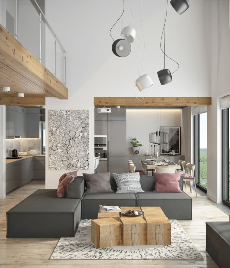 loft moderne design canapé salon luminaire suspension table basse bois