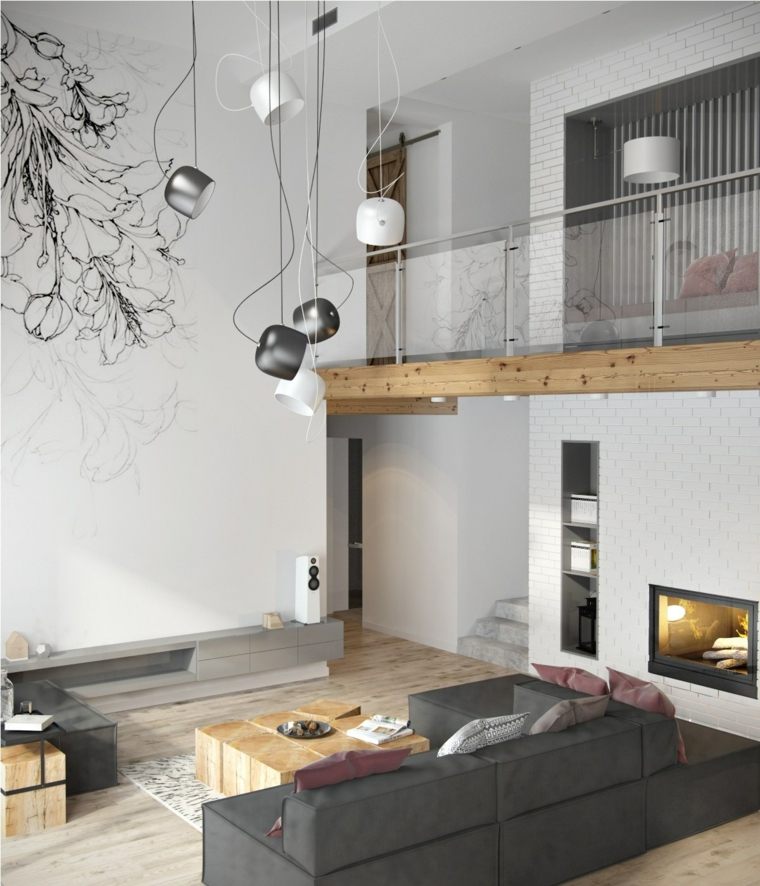 loft moderne salon canapé gris coussins luminaires suspension