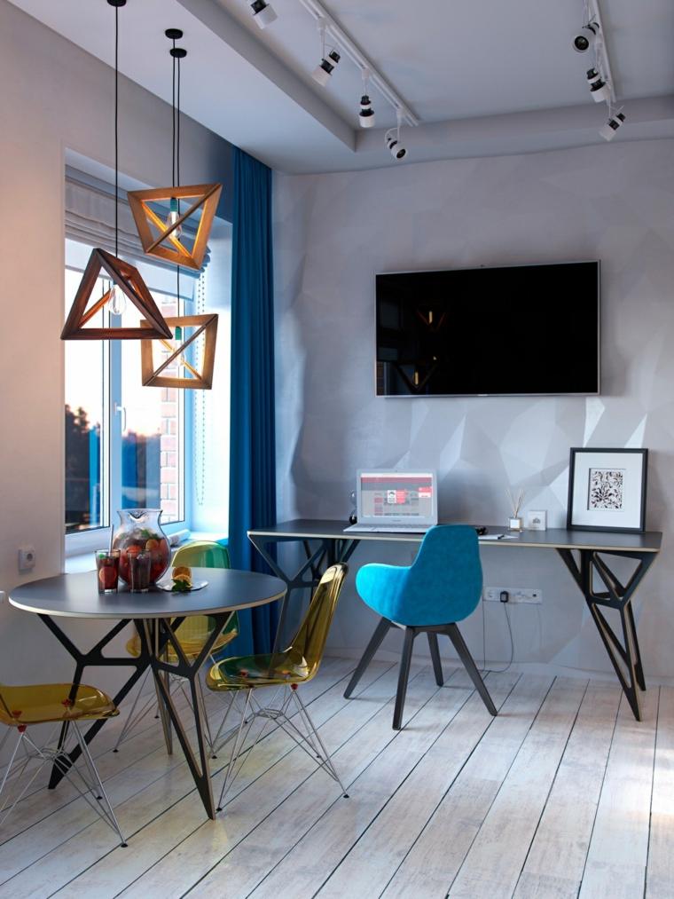 décoration petit appartement idée luminaire bois suspension fauteuil bleu