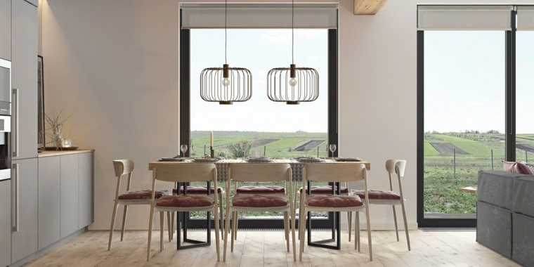 salle à manger table bois chaises design luminaire suspension