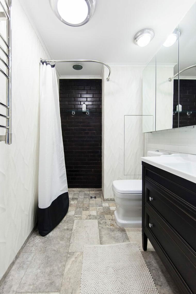 salle de bain noir blanc commode noir mur cabine douche briques