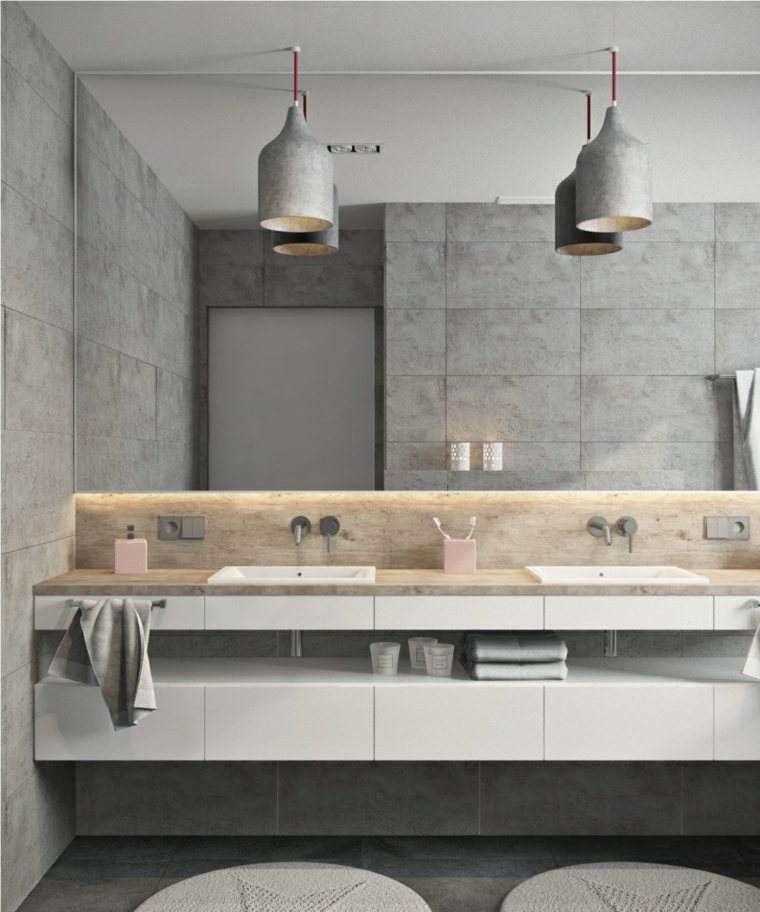 salle de bains bois gris design luminaire tendance