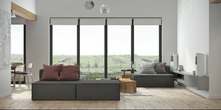 loft moderne tendance design canapé gris coussins parquet bois