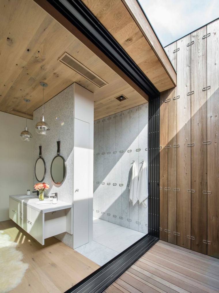 salle de bain bois ouverte design moderne idée aménager meuble salle de bains