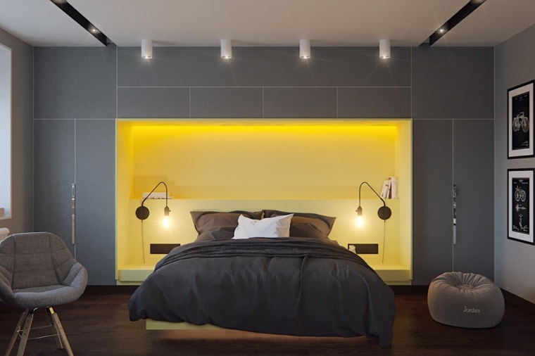 chambre à coucher très design en gris et jaune