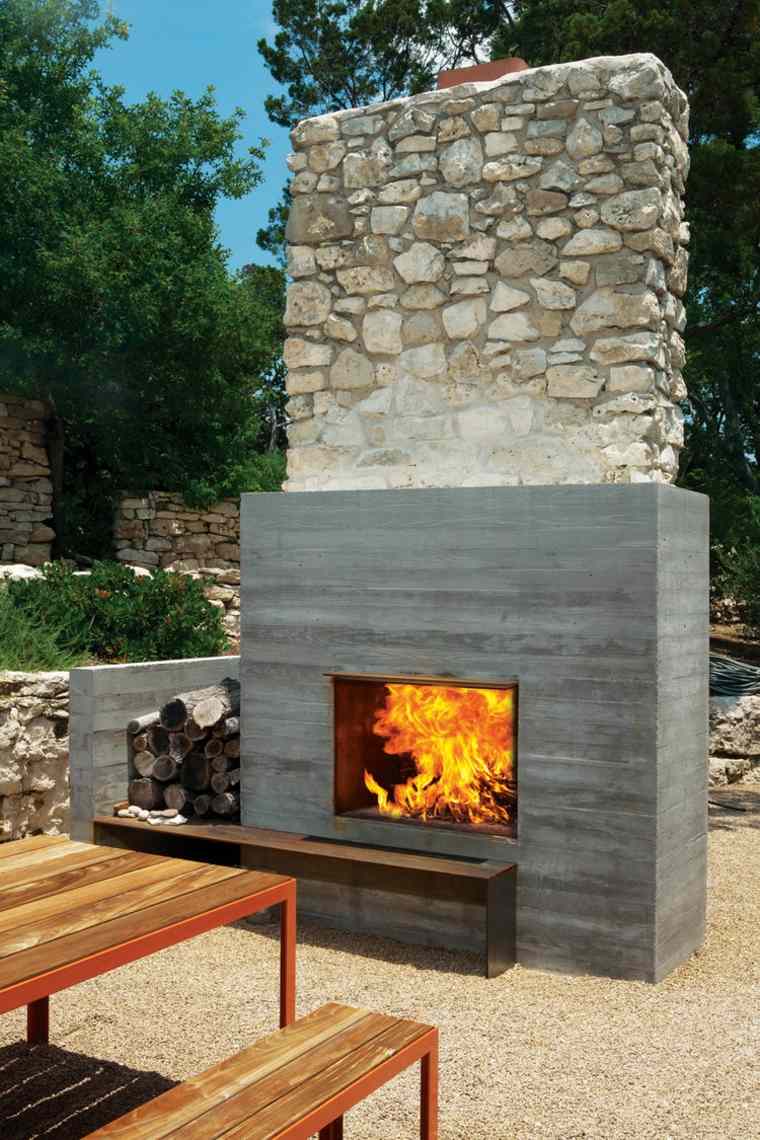 cheminée extérieure pierre design tendance moderne meuble bois design