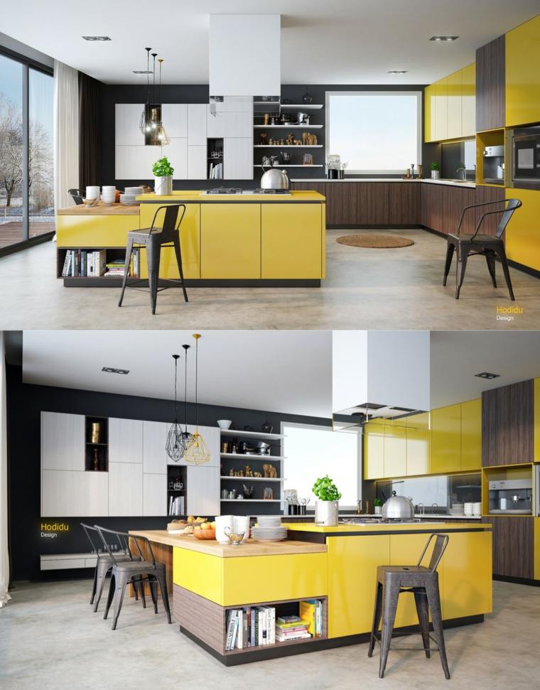 cuisine ouverte jaune design grise chaise moderne luminaires