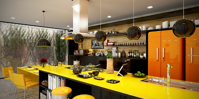 couleur jaune cuisine design plan de travail luminaire suspension design