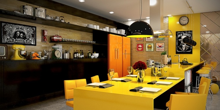 cuisine jaune couleur salle à manger design luminaire suspension 