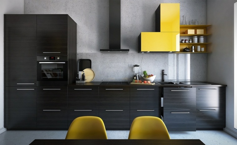 cuisine meuble noir design revêtement béton chaise jaune intérieur moderne
