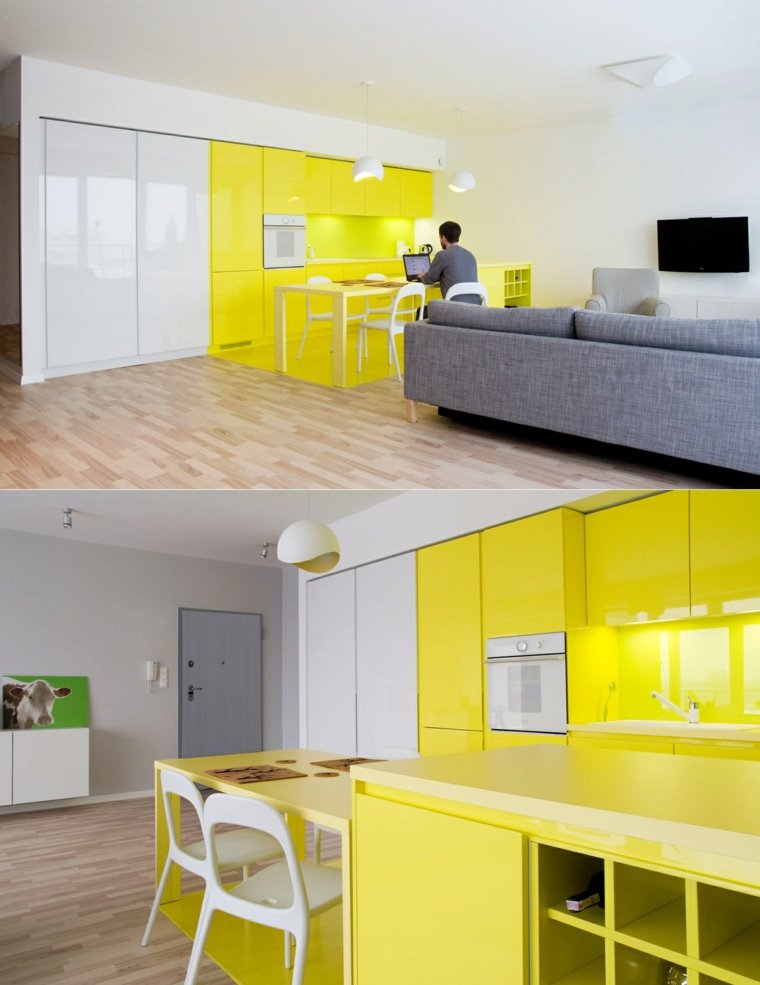 cuisine jaune blanche design aménager espace moderne canapé gris