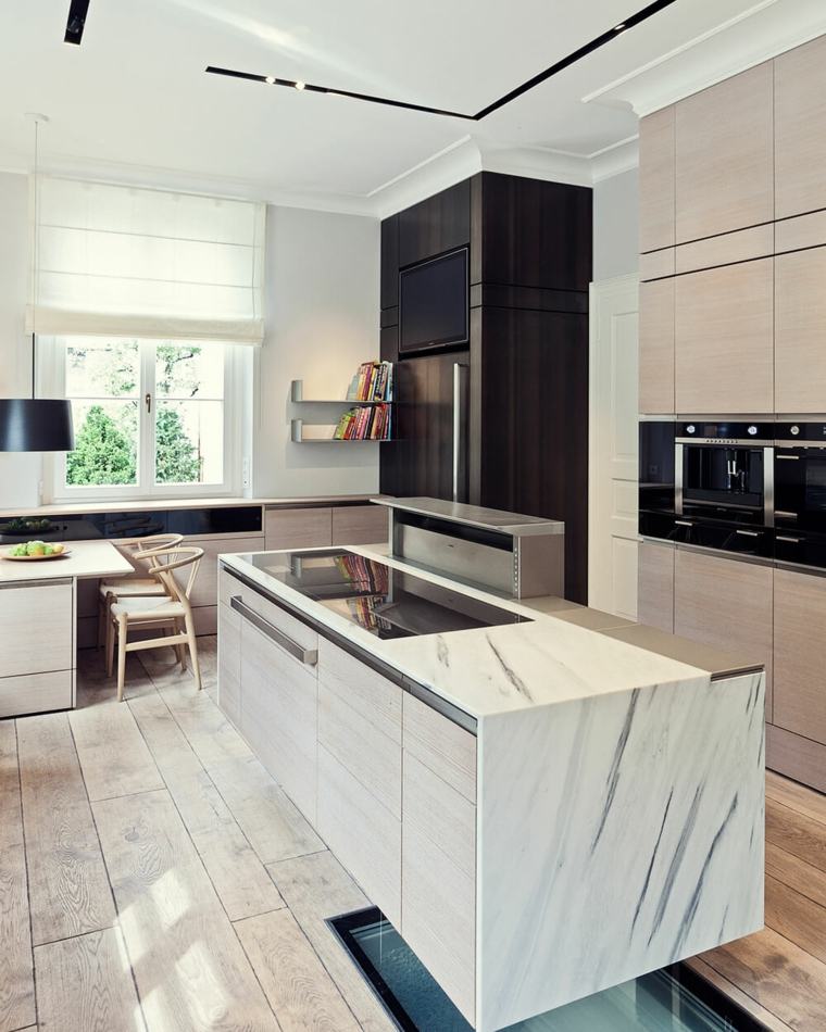 design villa moderne cuisine îlot marbre tendance parquet bois