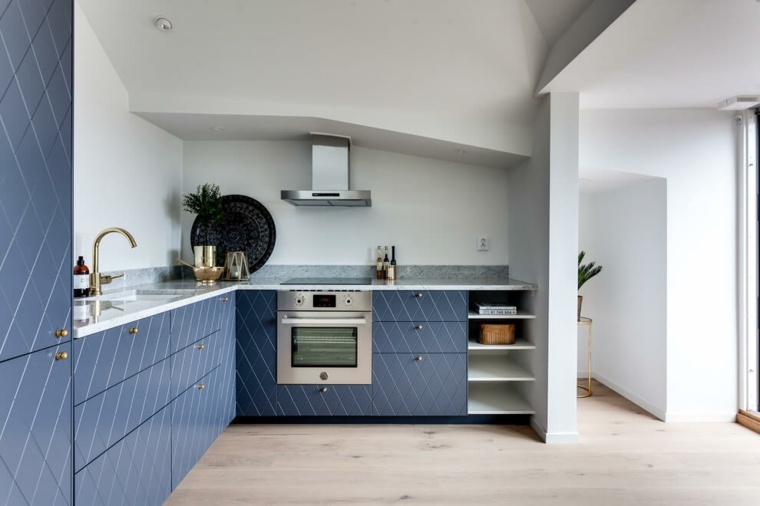 cuisine bleue bois moderne design aménager espace tendance