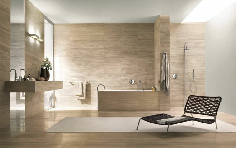 salle de bains moderne design tapis sol blanc fauteuil baignoire
