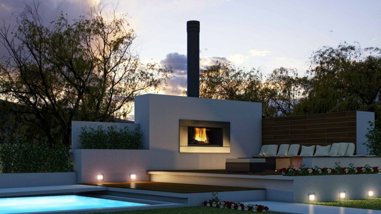 espace extérieur design cheminée idée moderne éclairage jardin