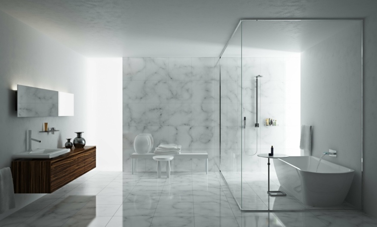 marbre salle de bains idée meuble bois baignoire marbre chaises
