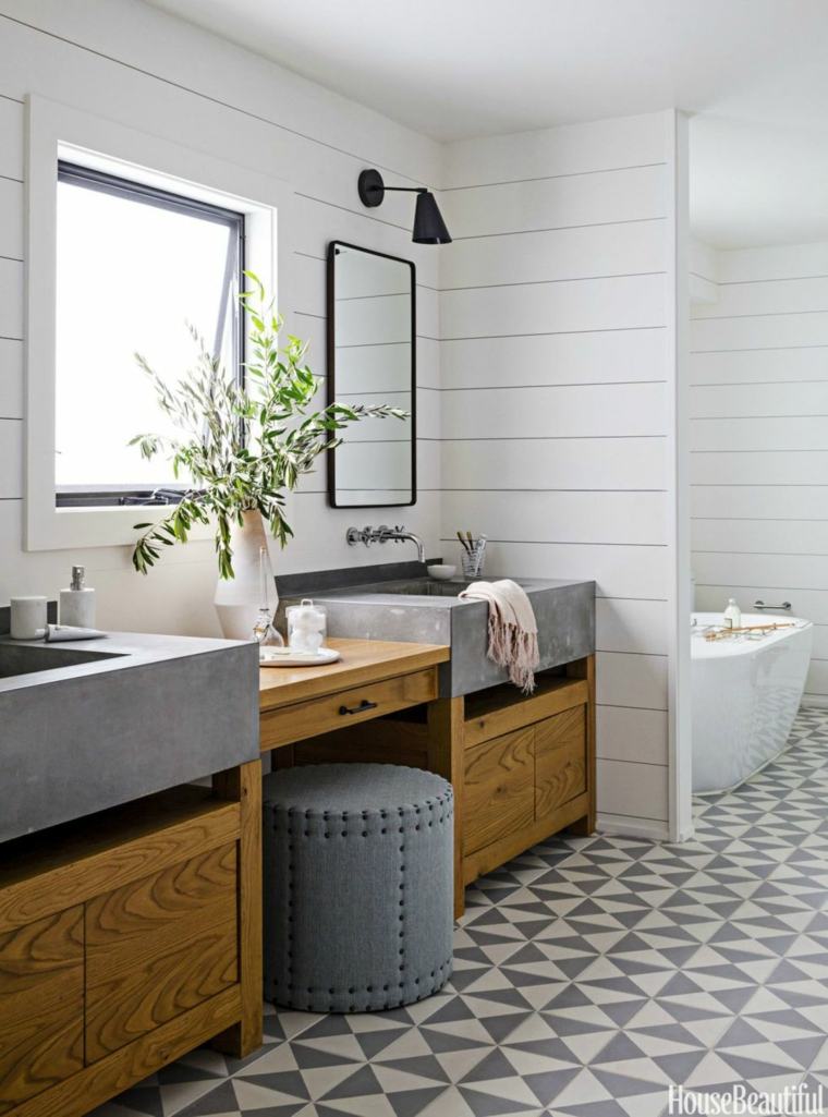 salle de bains grise carrelage tabouret meuble bois