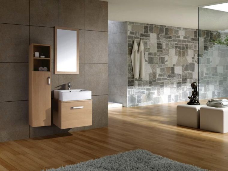 modele salle de bains bois revetement mur pierre