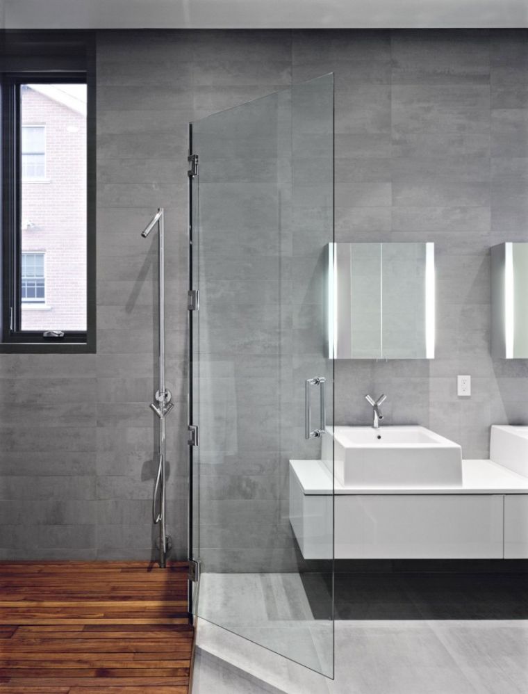 carreaux salle de bain grise douche parquet bois