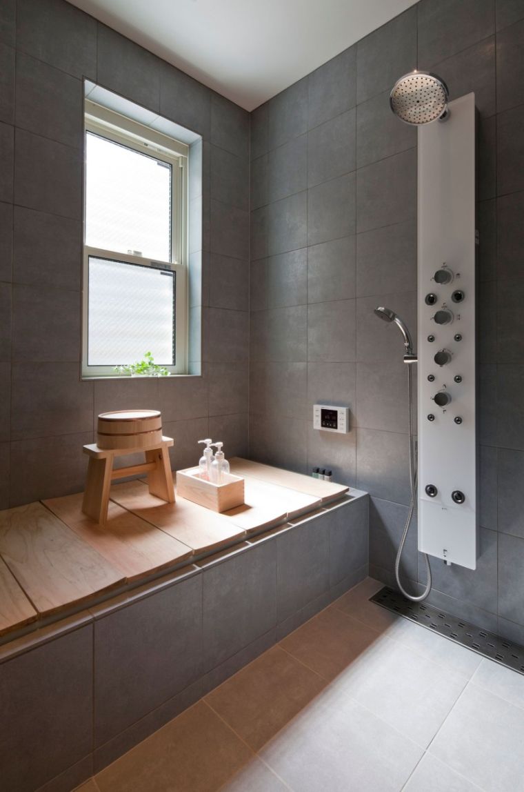 carrelage salle de bain grise idee deco style japonais