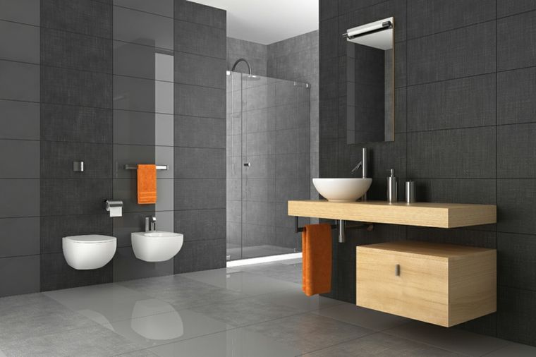 carrelage salle de bain grise et bois decoration style moderne