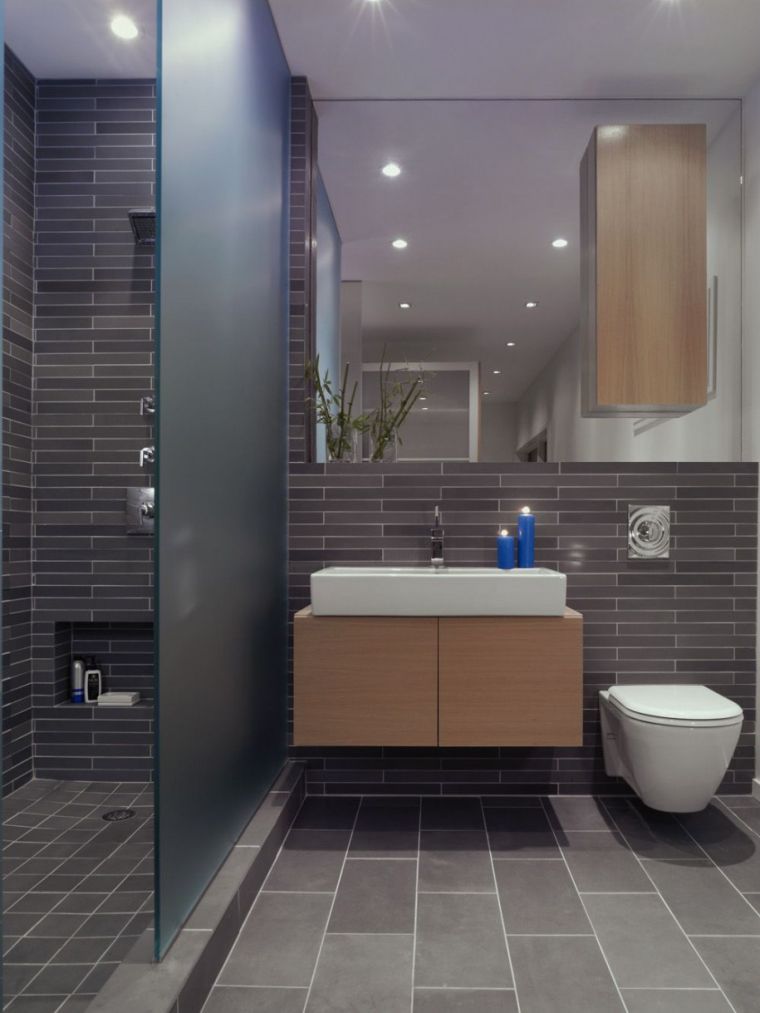 carrelage salle de bain grise et bois meuble moderne vasque suspendu