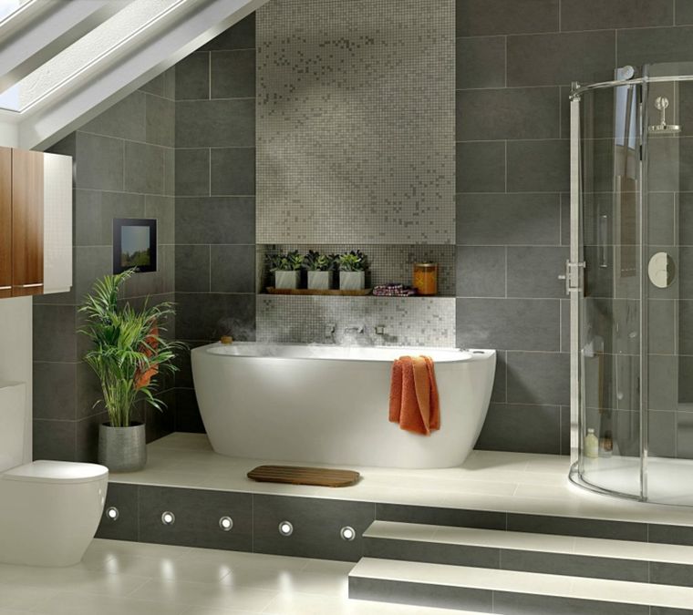 carrelage salle de bain grise et bois mur mosaique baignoire moderne 