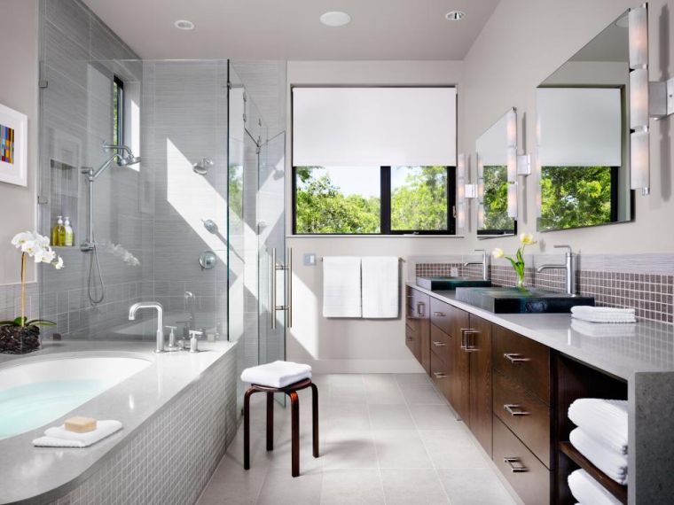 carrelage salle de bain grise et bois meuble moderne plan de travail pierre