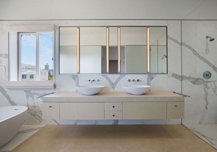 carreaux salle de bain marbre blanc meuble flottant
