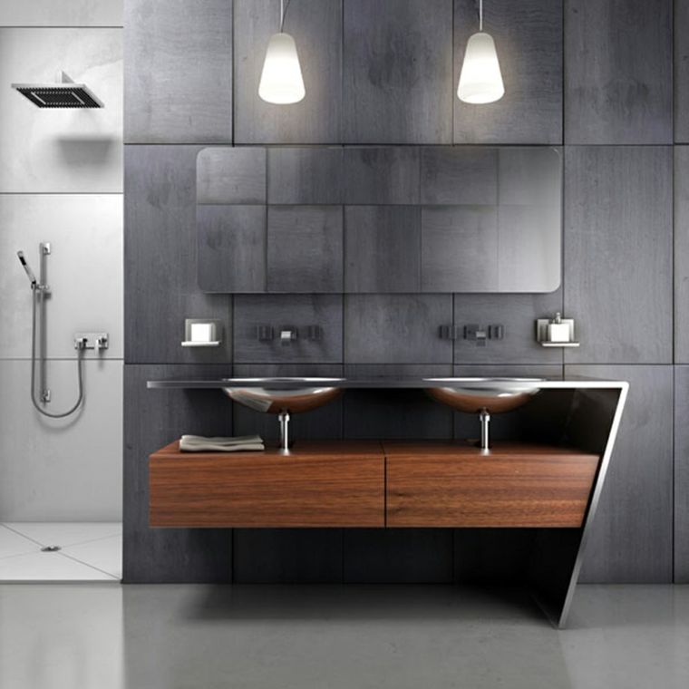 photo salle de bain meuble bois revetement mur carreaux gris
