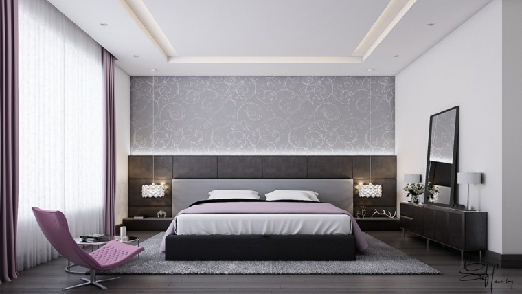 intérieur de chambre moderne lit idée papier peint fauteuil violet tapis de sol