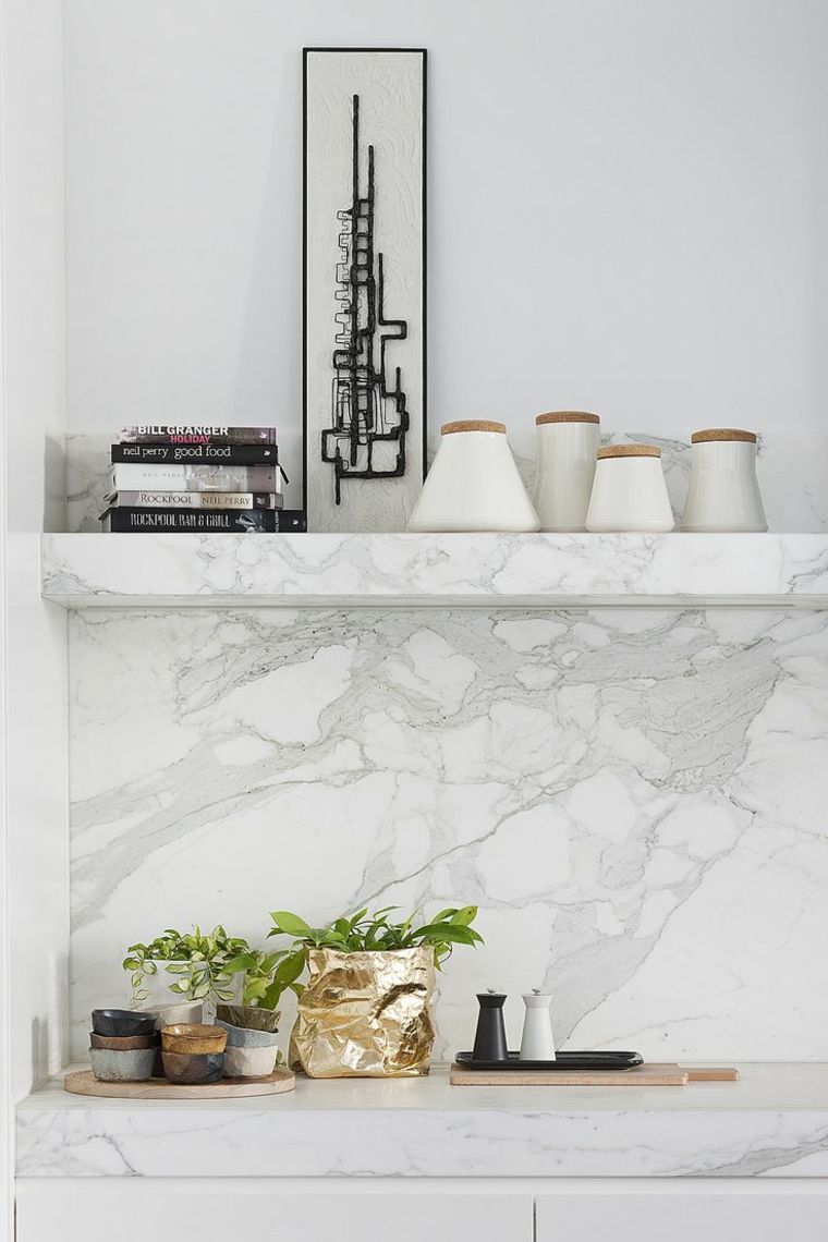 comptoir pierre etagere cuisine marbre blanc