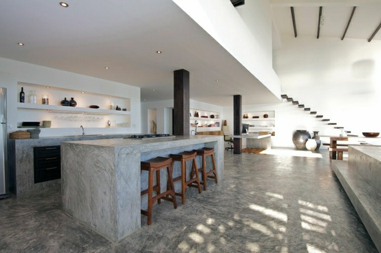 intérieur moderne cuisine îlot béton tabouret bois design sol revêtement