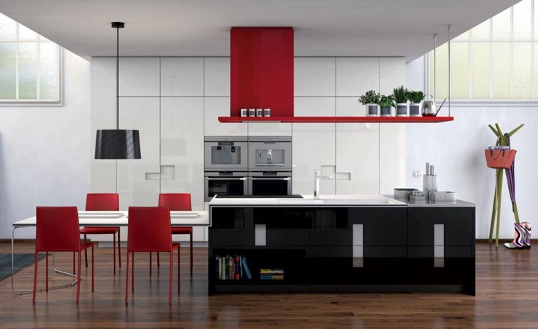 idee de cuisine rouge et noir meuble blanc colonne moderne