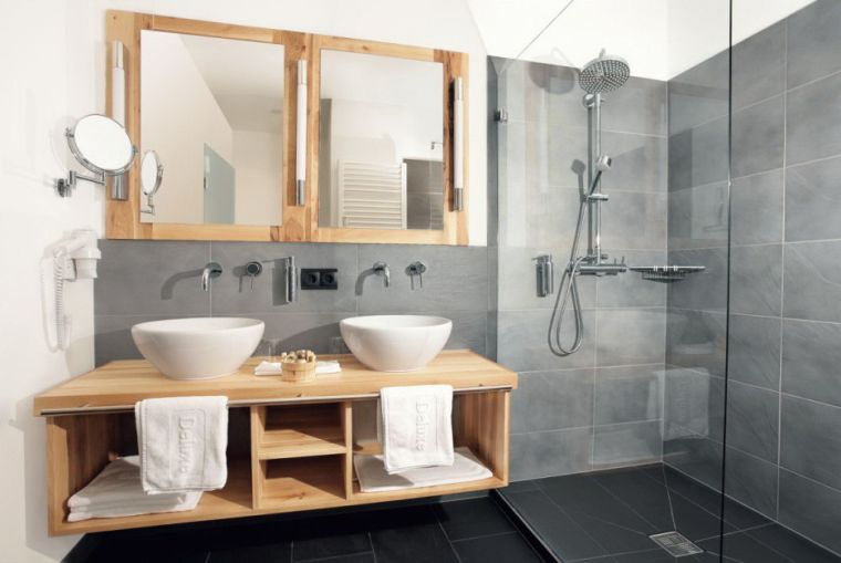 décoration de salle de bain grise bois meuble scandinave