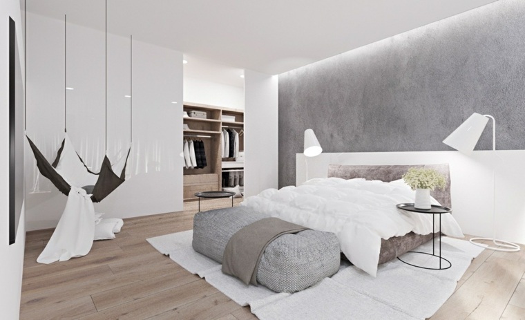 chambre à coucher grise blanche moderne idée lit aménager luminaires