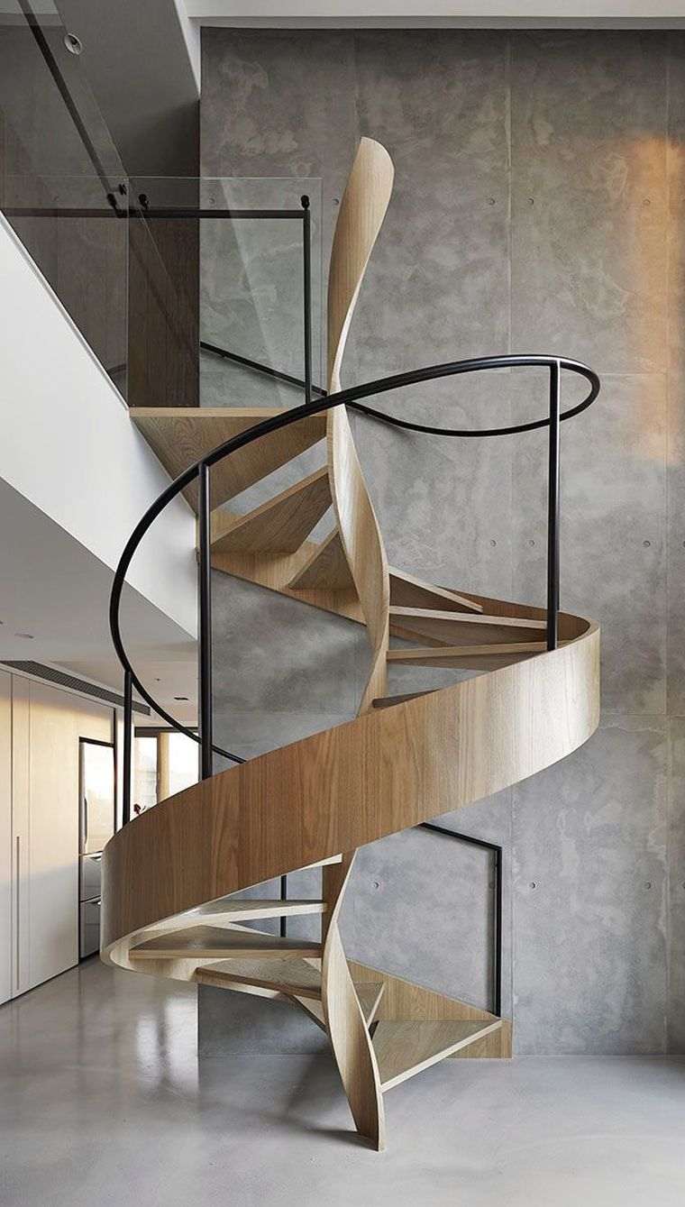 escalier en colimacon rampe bois design moderne