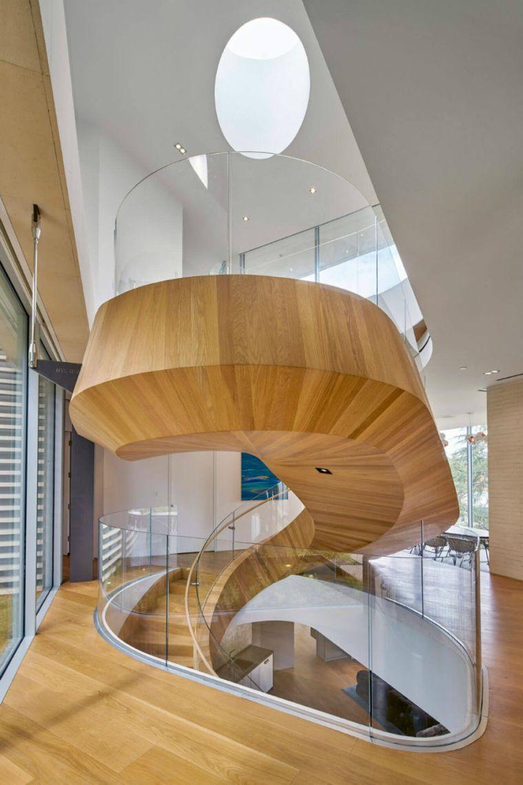 escalier verre cage moderne bois rampe 