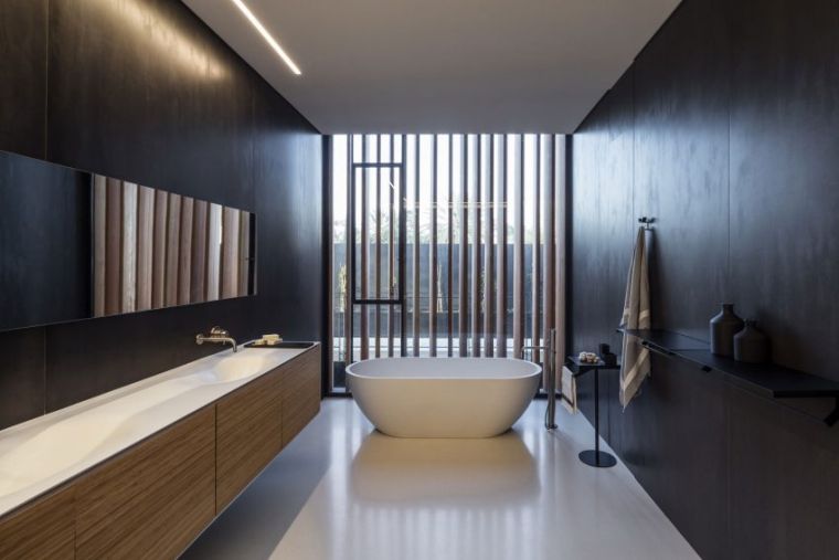 image salle de bain noire interieur design meuble bois 