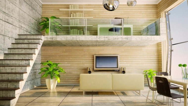 intérieur moderne tendance mur bois canapé beige carrelage