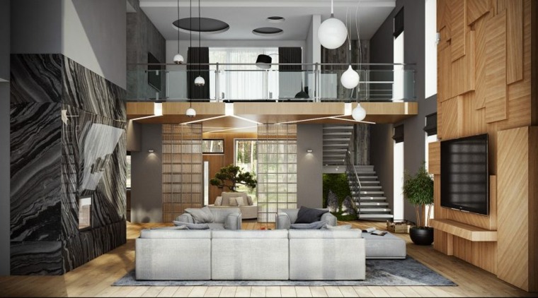 design intérieur moderne plan de travail canapé salon luminaire suspension parquet bois