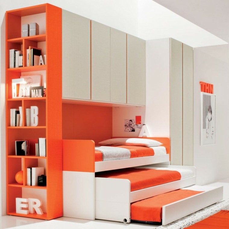 lit gigogne triptyque orange blanc composition avec bibliothèque