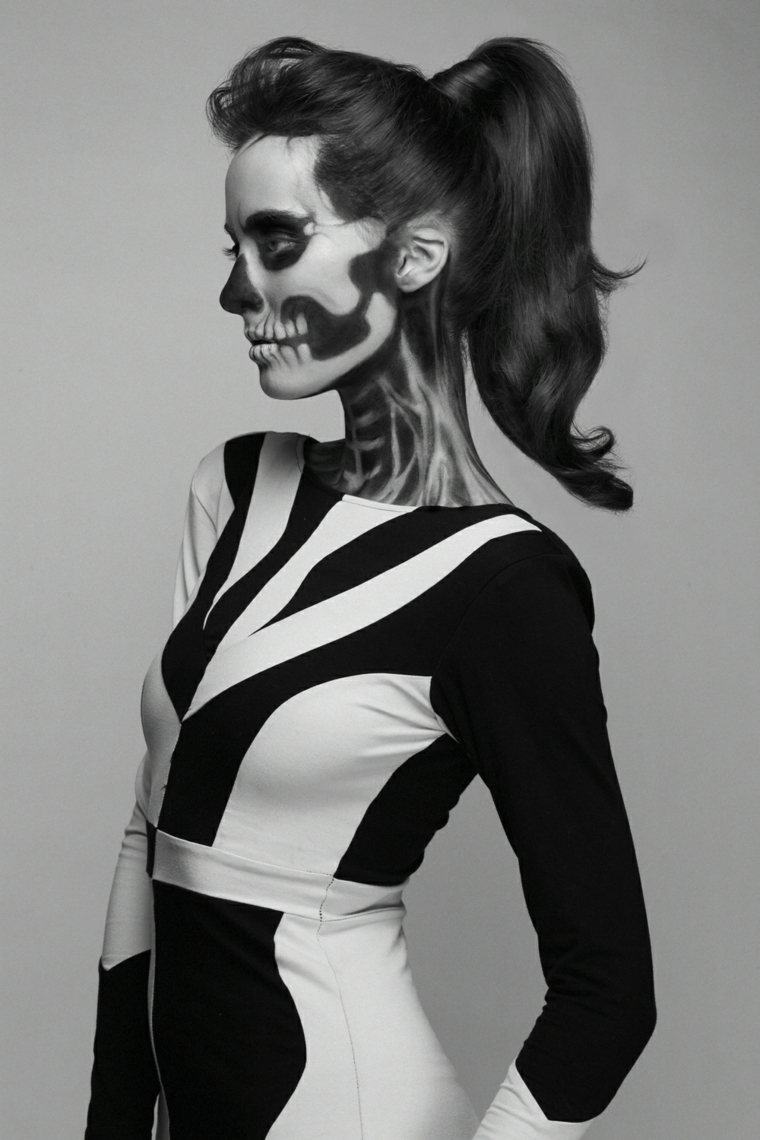 maquillage squelette halloween femme noir blanc chic
