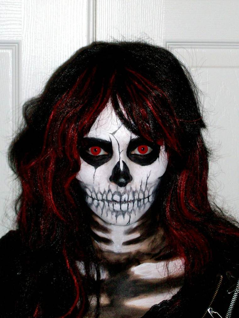 maquillage squelette noir blanc cheveux rouges femme zombie