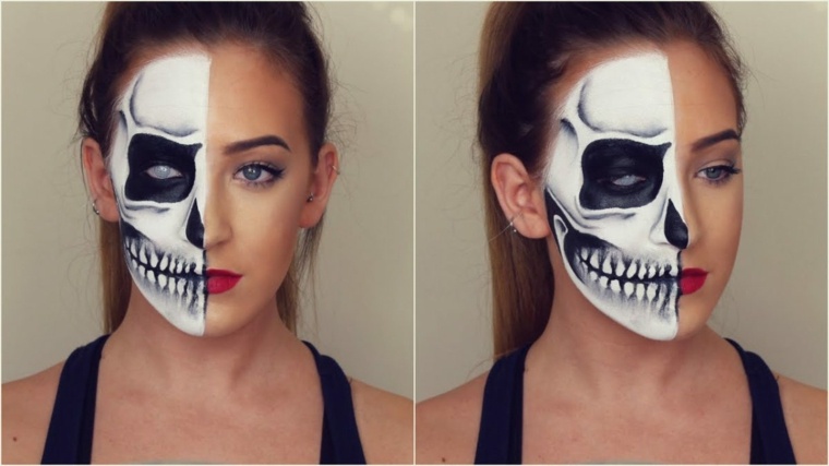 maquillage squelette noir blanc moitié visage femme beauté