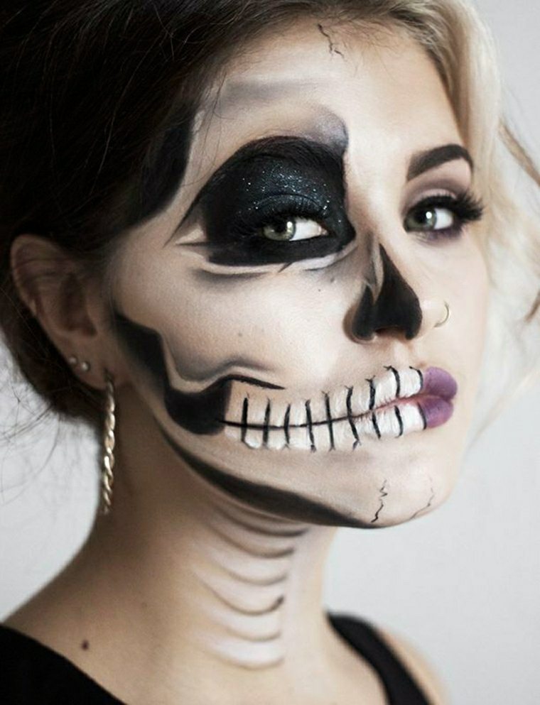 maquillage squelette noir blanc vert moitié visage femme